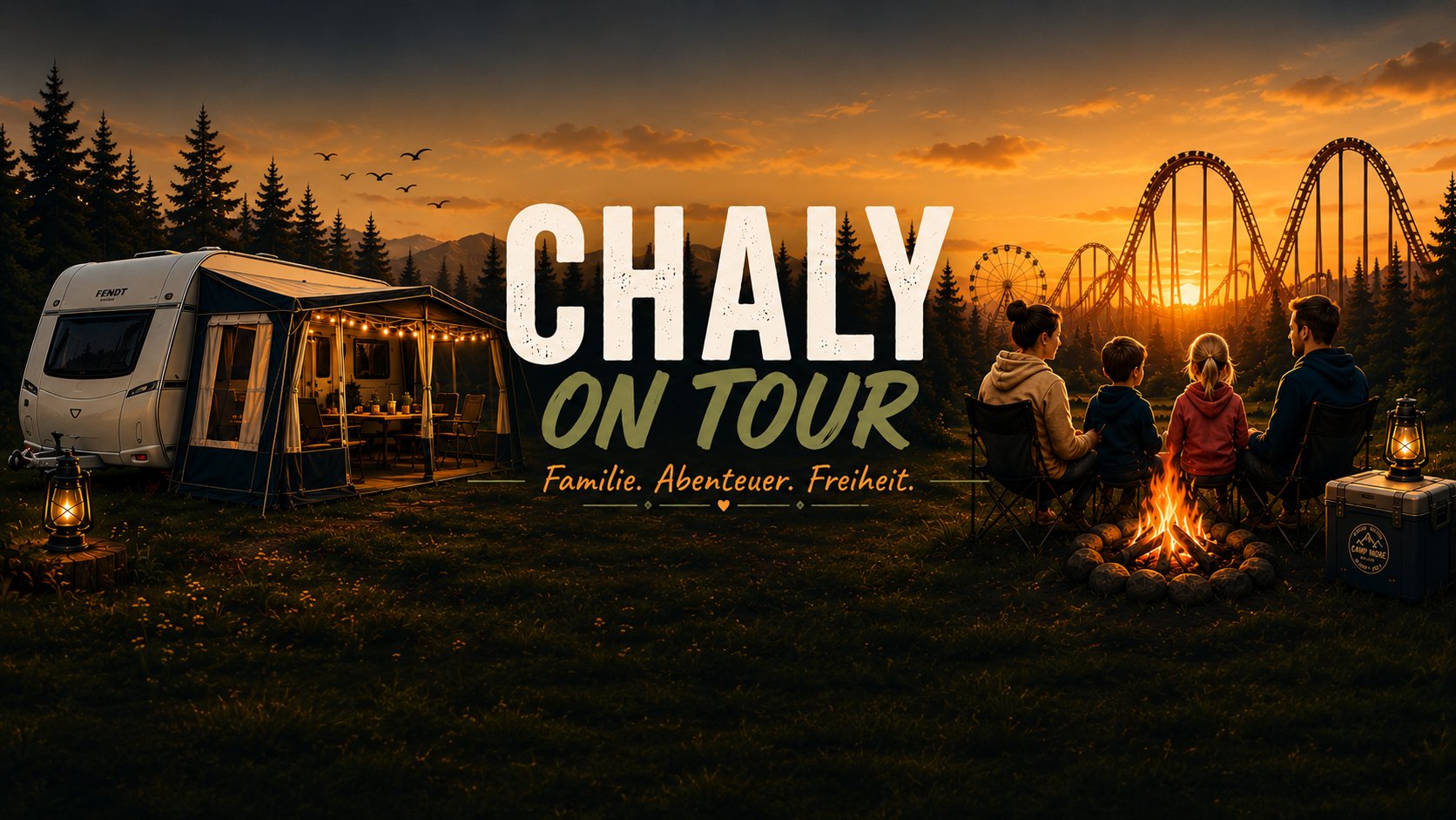 Chaly on Tour – Wohnwagen, Familie am Lagerfeuer und Freizeitpark bei Sonnenuntergang